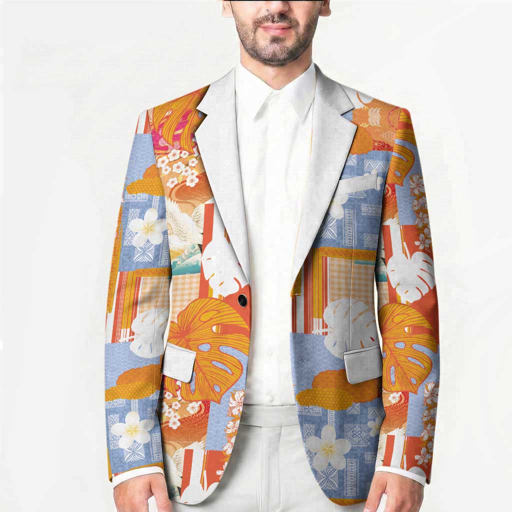 Hawaiian and Japanese Culture Together Blazer Palaka Japanese Art and Tropical Motif Tribal Patchwork LT03 - Polynesian Pride