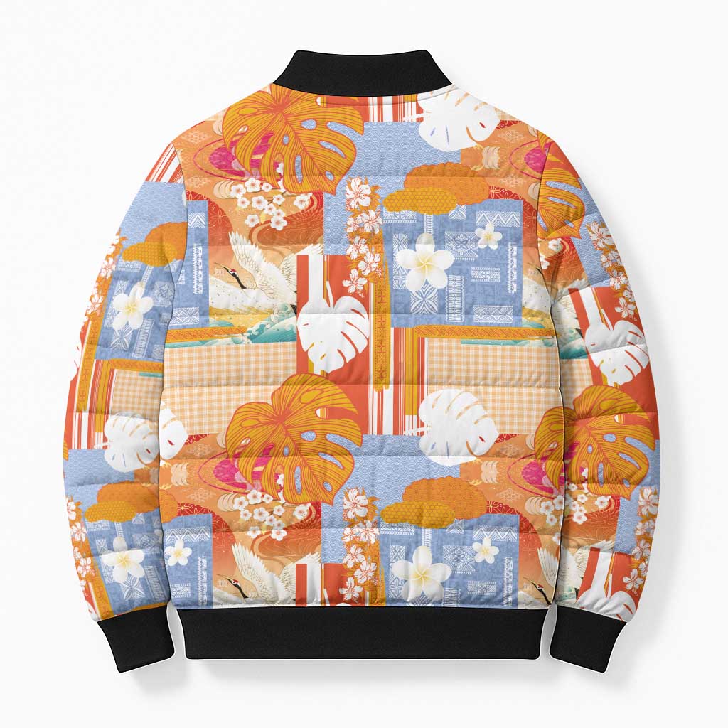 Hawaiian and Japanese Culture Together Bomber Puffer Jacket Palaka Japanese Art and Tropical Motif Tribal Patchwork LT03 - Polynesian Pride