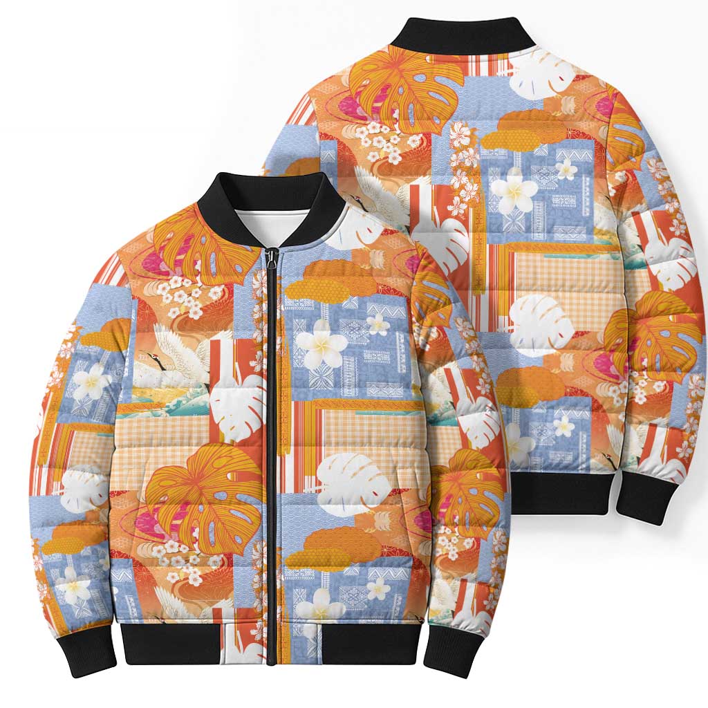 Hawaiian and Japanese Culture Together Bomber Puffer Jacket Palaka Japanese Art and Tropical Motif Tribal Patchwork LT03 - Polynesian Pride