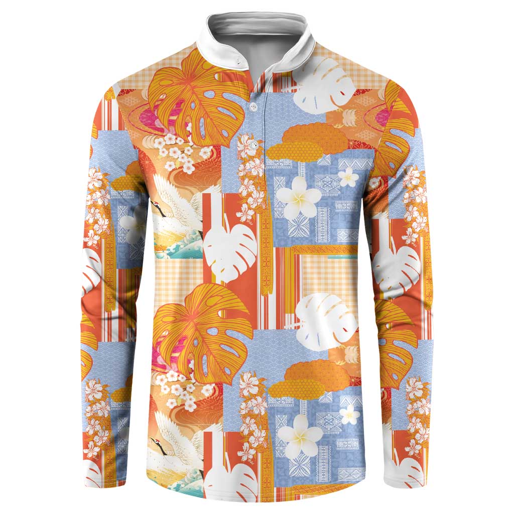 Hawaiian and Japanese Culture Together Button Sweatshirt Palaka Japanese Art and Tropical Motif Tribal Patchwork LT03 Multicolor - Polynesian Pride