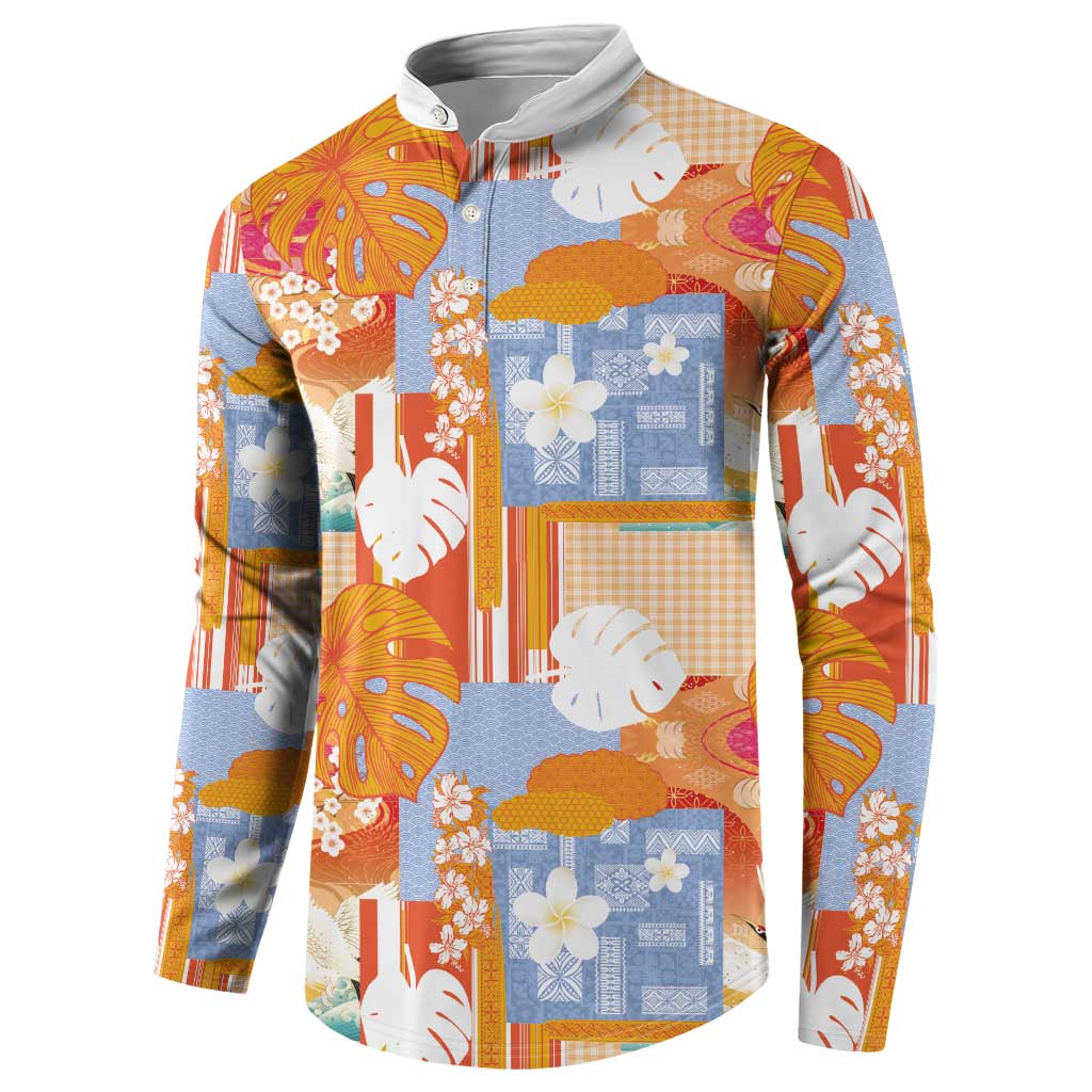 Hawaiian and Japanese Culture Together Button Sweatshirt Palaka Japanese Art and Tropical Motif Tribal Patchwork LT03 - Polynesian Pride
