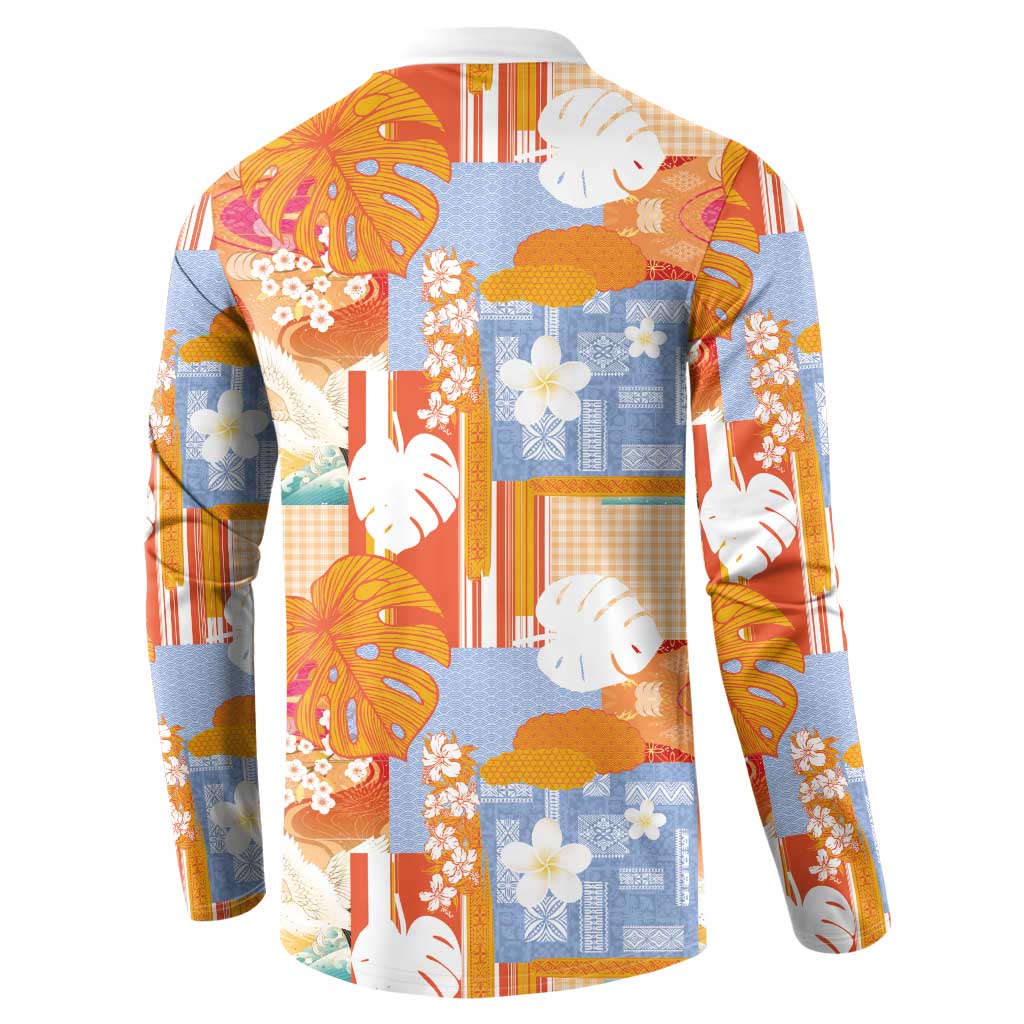 Hawaiian and Japanese Culture Together Button Sweatshirt Palaka Japanese Art and Tropical Motif Tribal Patchwork LT03 - Polynesian Pride