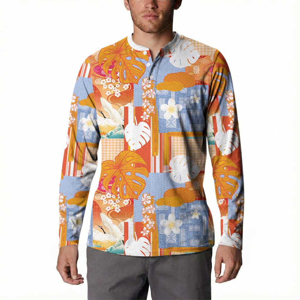 Hawaiian and Japanese Culture Together Button Sweatshirt Palaka Japanese Art and Tropical Motif Tribal Patchwork LT03 - Polynesian Pride