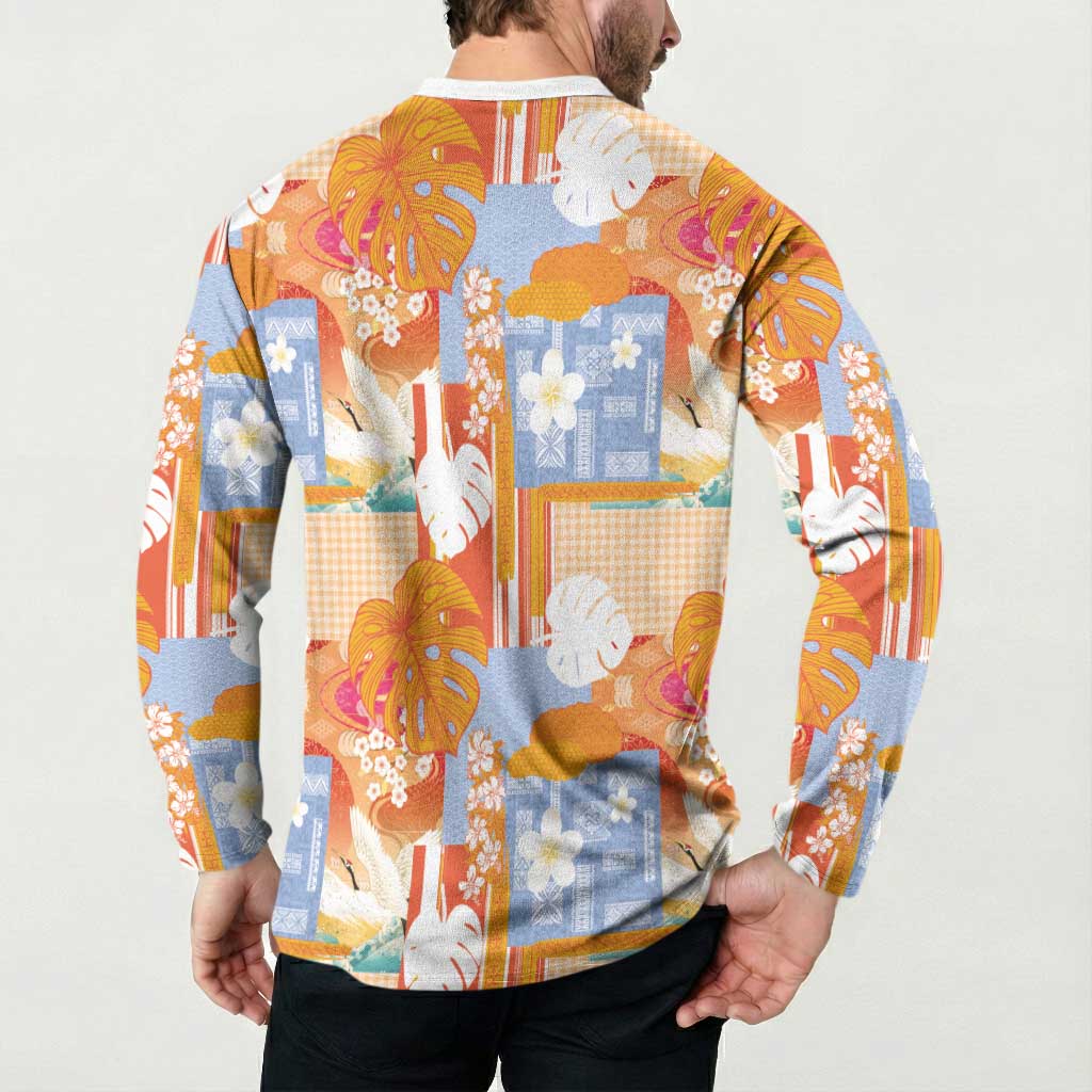 Hawaiian and Japanese Culture Together Button Sweatshirt Palaka Japanese Art and Tropical Motif Tribal Patchwork LT03 - Polynesian Pride