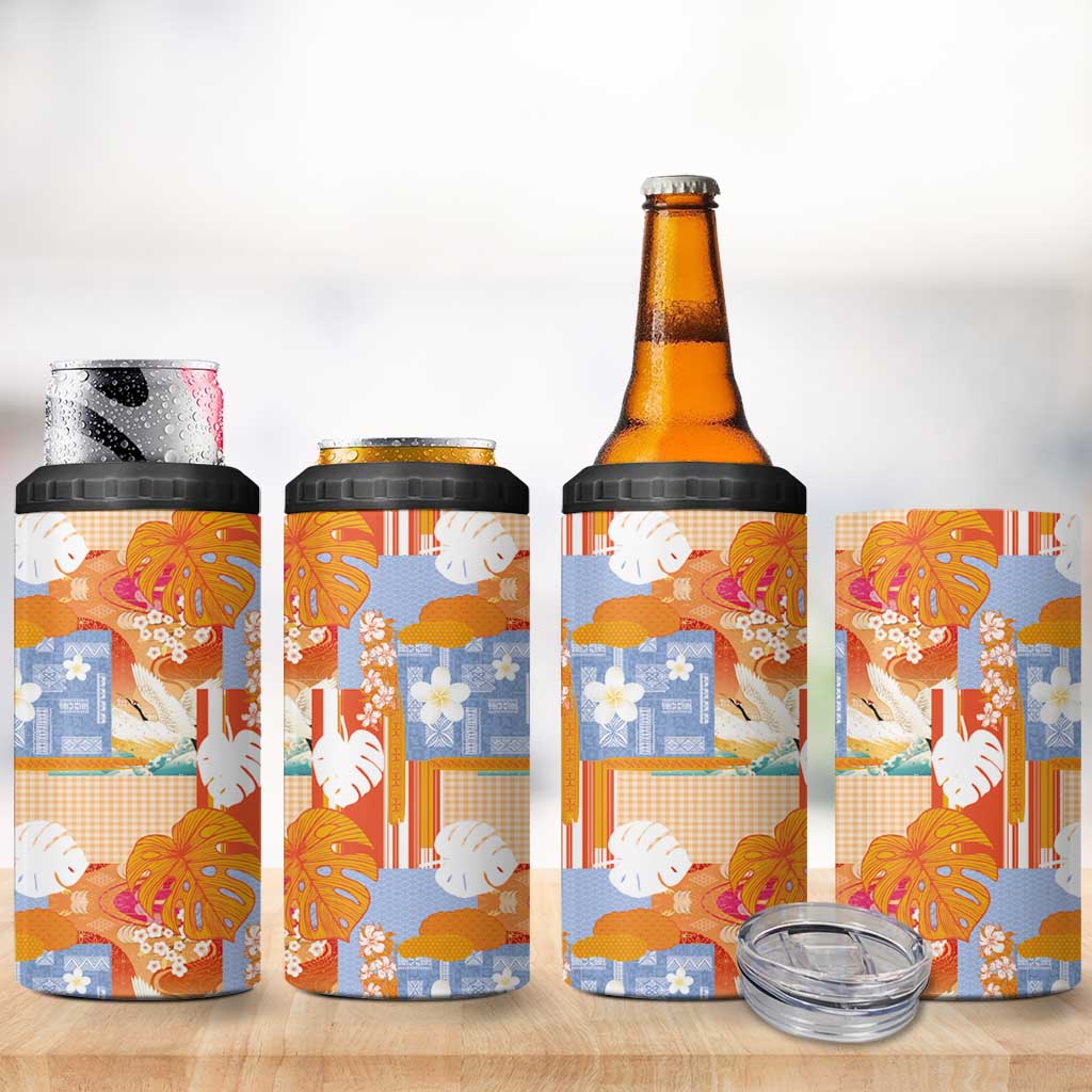 Hawaiian and Japanese Culture Together 4 in 1 Can Cooler Tumbler Palaka Japanese Art and Tropical Motif Tribal Patchwork LT03 - Polynesian Pride