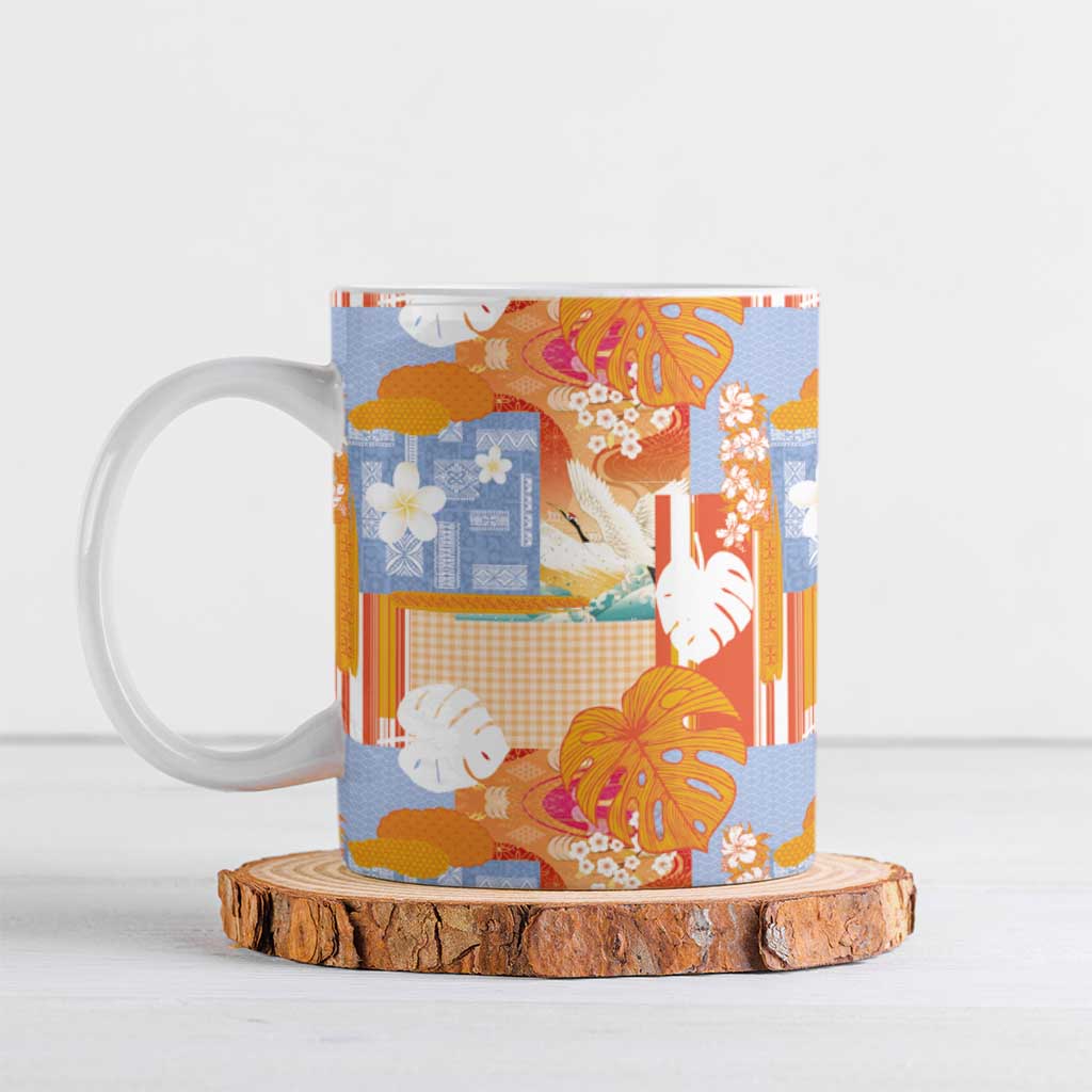 Hawaiian and Japanese Culture Together Ceramic Mug Palaka Japanese Art and Tropical Motif Tribal Patchwork LT03 Multicolor - Polynesian Pride