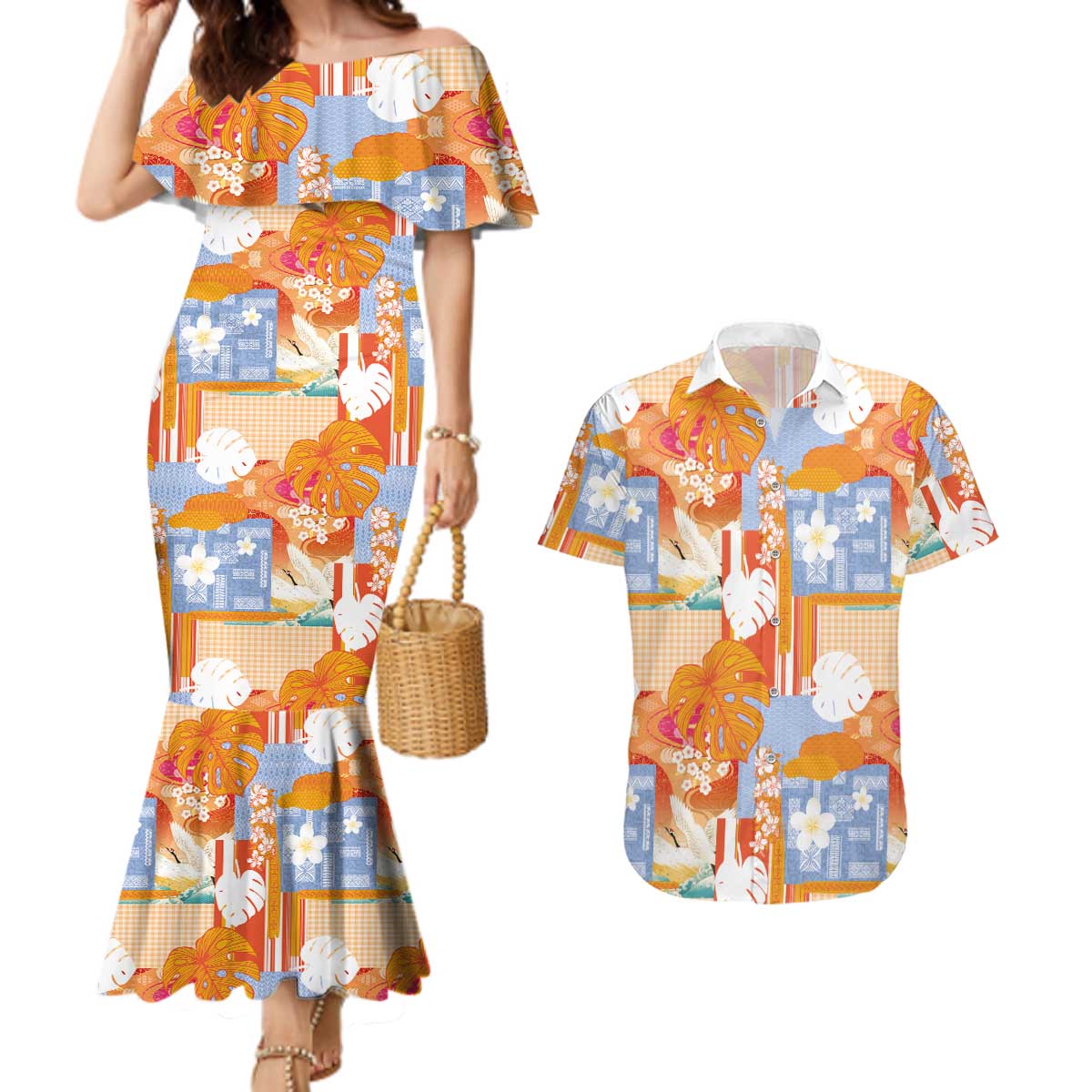 Hawaiian and Japanese Culture Together Couples Matching Mermaid Dress and Hawaiian Shirt Palaka Japanese Art and Tropical Motif Tribal Patchwork