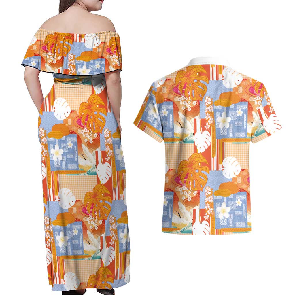 Hawaiian and Japanese Culture Together Couples Matching Off Shoulder Maxi Dress and Hawaiian Shirt Palaka Japanese Art and Tropical Motif Tribal Patchwork LT03 - Polynesian Pride