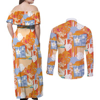 Hawaiian and Japanese Culture Together Couples Matching Off Shoulder Maxi Dress and Long Sleeve Button Shirt Palaka Japanese Art and Tropical Motif Tribal Patchwork LT03 - Polynesian Pride