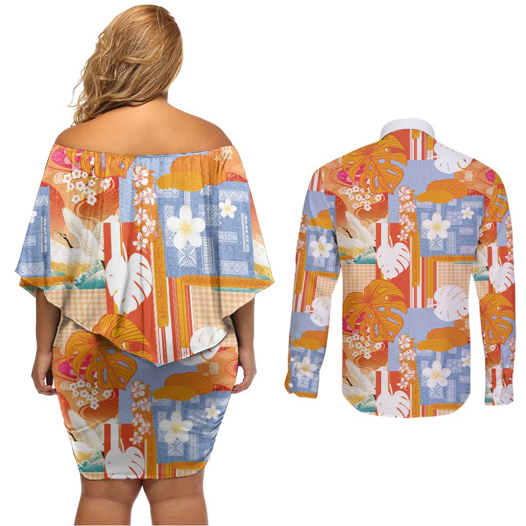 Hawaiian and Japanese Culture Together Couples Matching Off Shoulder Short Dress and Long Sleeve Button Shirt Palaka Japanese Art and Tropical Motif Tribal Patchwork LT03 - Polynesian Pride