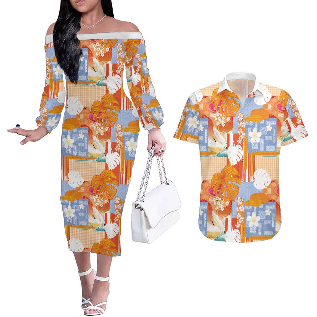 Hawaiian and Japanese Culture Together Couples Matching Off The Shoulder Long Sleeve Dress and Hawaiian Shirt Palaka Japanese Art and Tropical Motif Tribal Patchwork LT03 Multicolor - Polynesian Pride