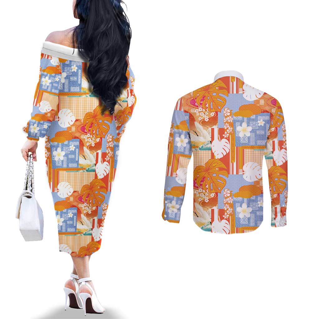 Hawaiian and Japanese Culture Together Couples Matching Off The Shoulder Long Sleeve Dress and Long Sleeve Button Shirt Palaka Japanese Art and Tropical Motif Tribal Patchwork LT03 - Polynesian Pride