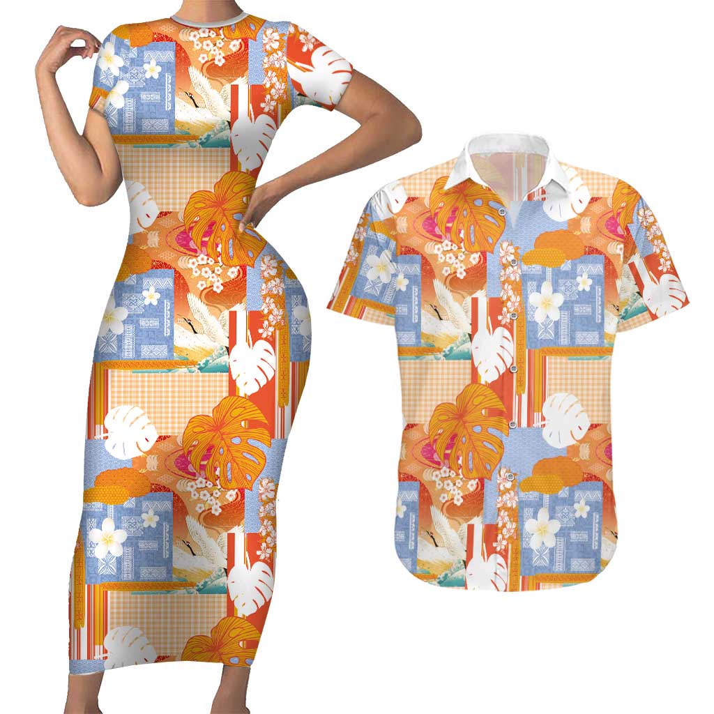 Hawaiian and Japanese Culture Together Couples Matching Short Sleeve Bodycon Dress and Hawaiian Shirt Palaka Japanese Art and Tropical Motif Tribal Patchwork