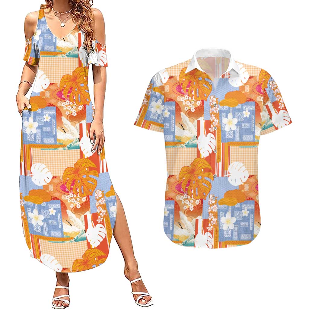 Hawaiian and Japanese Culture Together Couples Matching Summer Maxi Dress and Hawaiian Shirt Palaka Japanese Art and Tropical Motif Tribal Patchwork