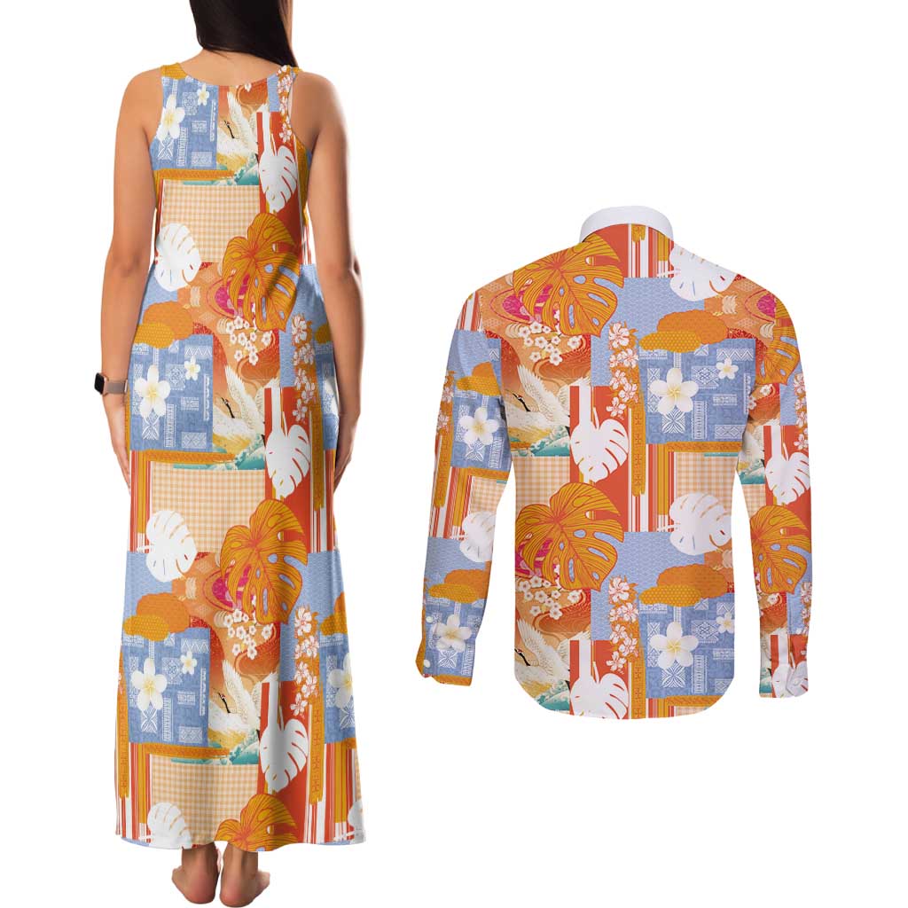 Hawaiian and Japanese Culture Together Couples Matching Tank Maxi Dress and Long Sleeve Button Shirt Palaka Japanese Art and Tropical Motif Tribal Patchwork LT03 - Polynesian Pride