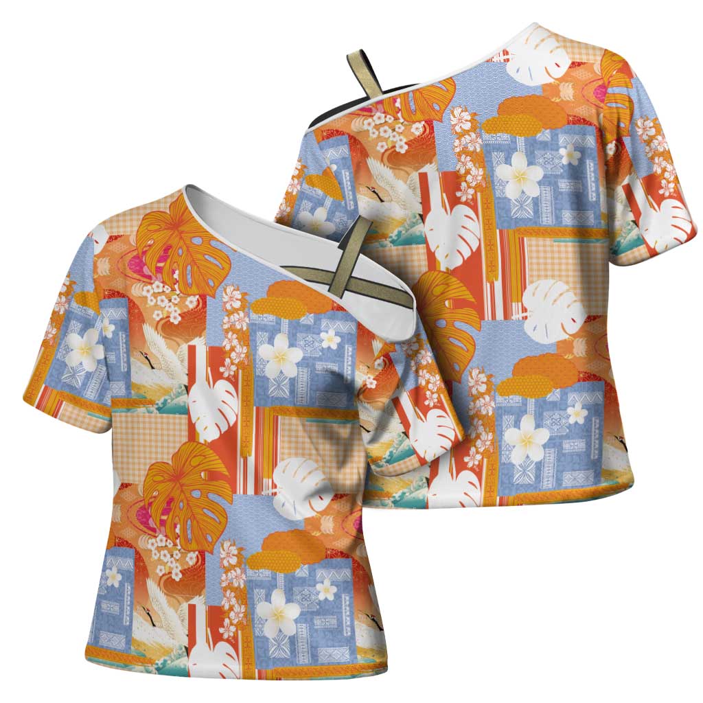 Hawaiian and Japanese Culture Together Cross Shoulder Shirt Palaka Japanese Art and Tropical Motif Tribal Patchwork LT03 - Polynesian Pride