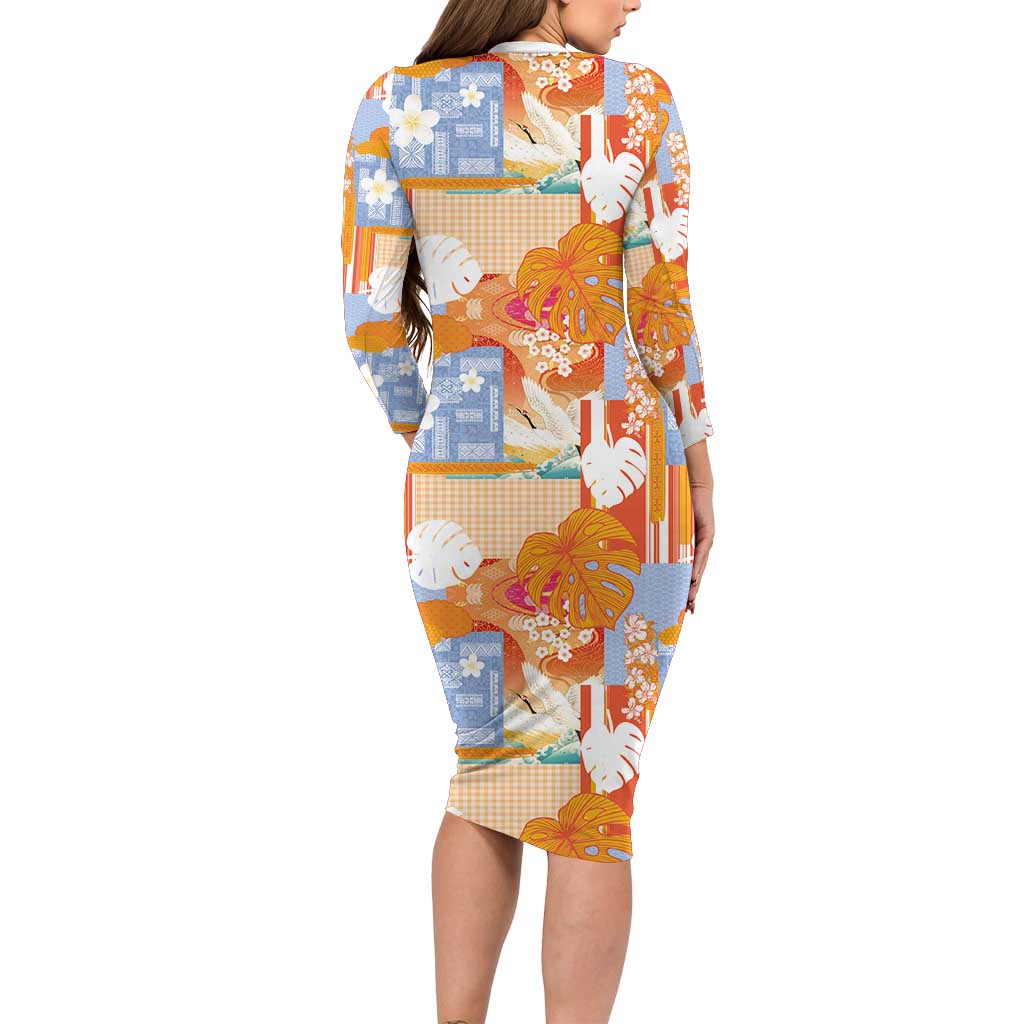 Hawaiian and Japanese Culture Together Family Matching Long Sleeve Bodycon Dress and Hawaiian Shirt Palaka Japanese Art and Tropical Motif Tribal Patchwork LT03 - Polynesian Pride