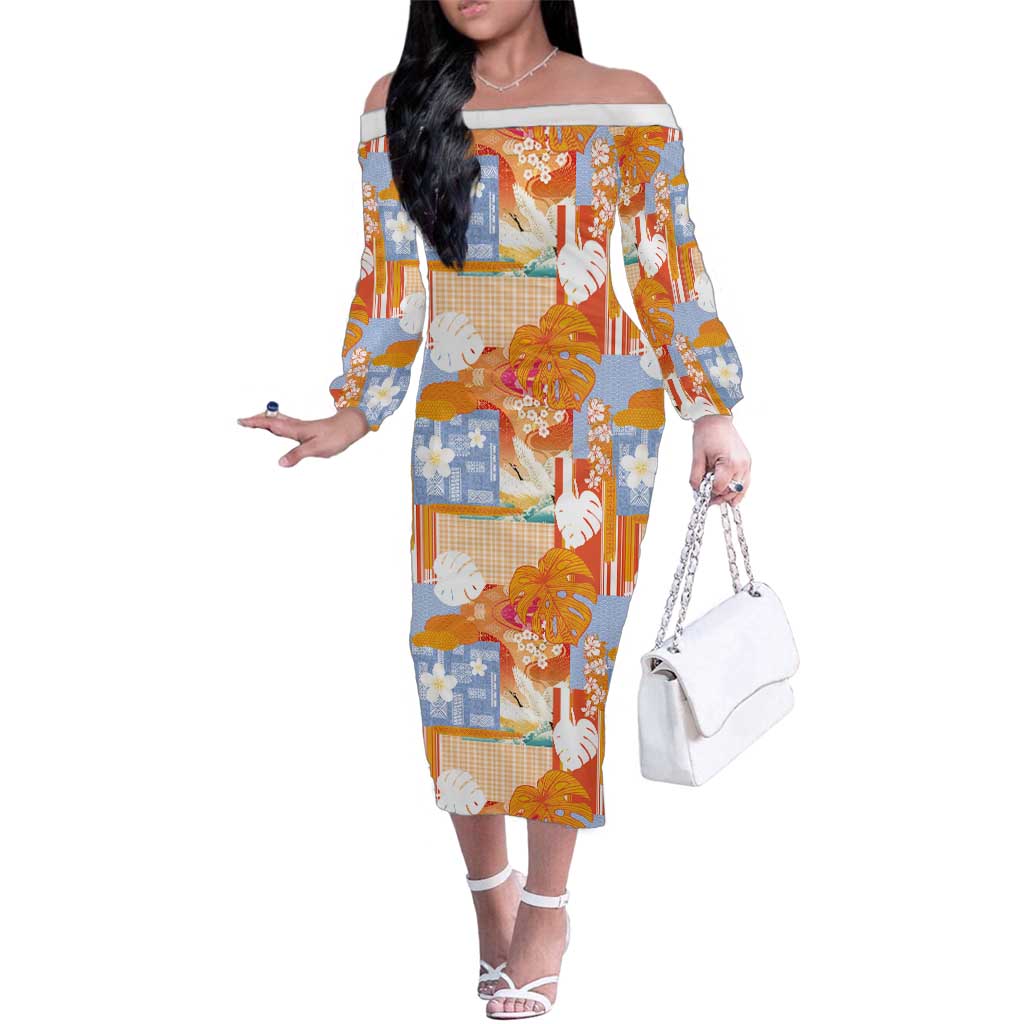 Hawaiian and Japanese Culture Together Family Matching Off The Shoulder Long Sleeve Dress and Hawaiian Shirt Palaka Japanese Art and Tropical Motif Tribal Patchwork LT03 Mom's Dress Multicolor - Polynesian Pride