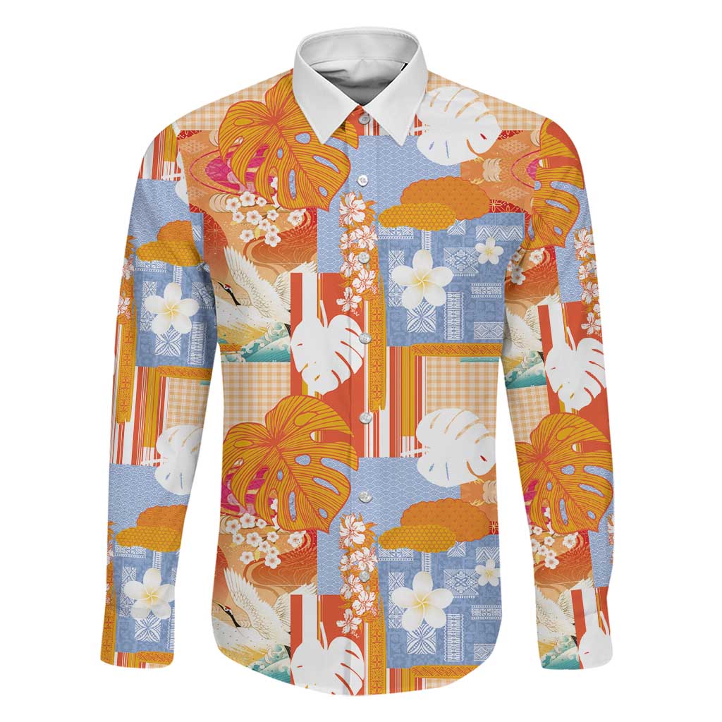 Hawaiian and Japanese Culture Together Family Matching Off Shoulder Short Dress and Hawaiian Shirt Palaka Japanese Art and Tropical Motif Tribal Patchwork LT03 Dad's Shirt - Long Sleeve Multicolor - Polynesian Pride