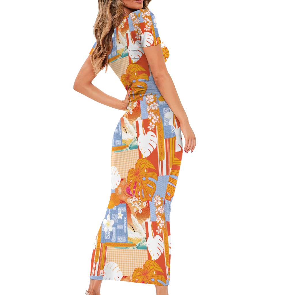 Hawaiian and Japanese Culture Together Family Matching Short Sleeve Bodycon Dress and Hawaiian Shirt Palaka Japanese Art and Tropical Motif Tribal Patchwork LT03 - Polynesian Pride