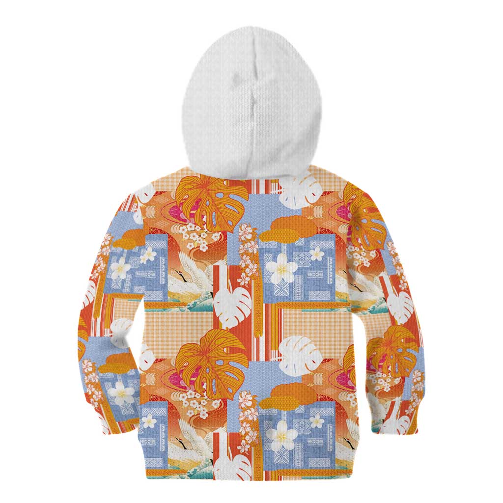 Hawaiian and Japanese Culture Together Kid Hoodie Palaka Japanese Art and Tropical Motif Tribal Patchwork LT03 - Polynesian Pride