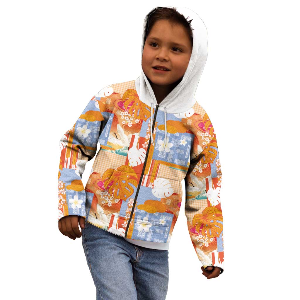 Hawaiian and Japanese Culture Together Kid Hoodie Palaka Japanese Art and Tropical Motif Tribal Patchwork LT03 - Polynesian Pride