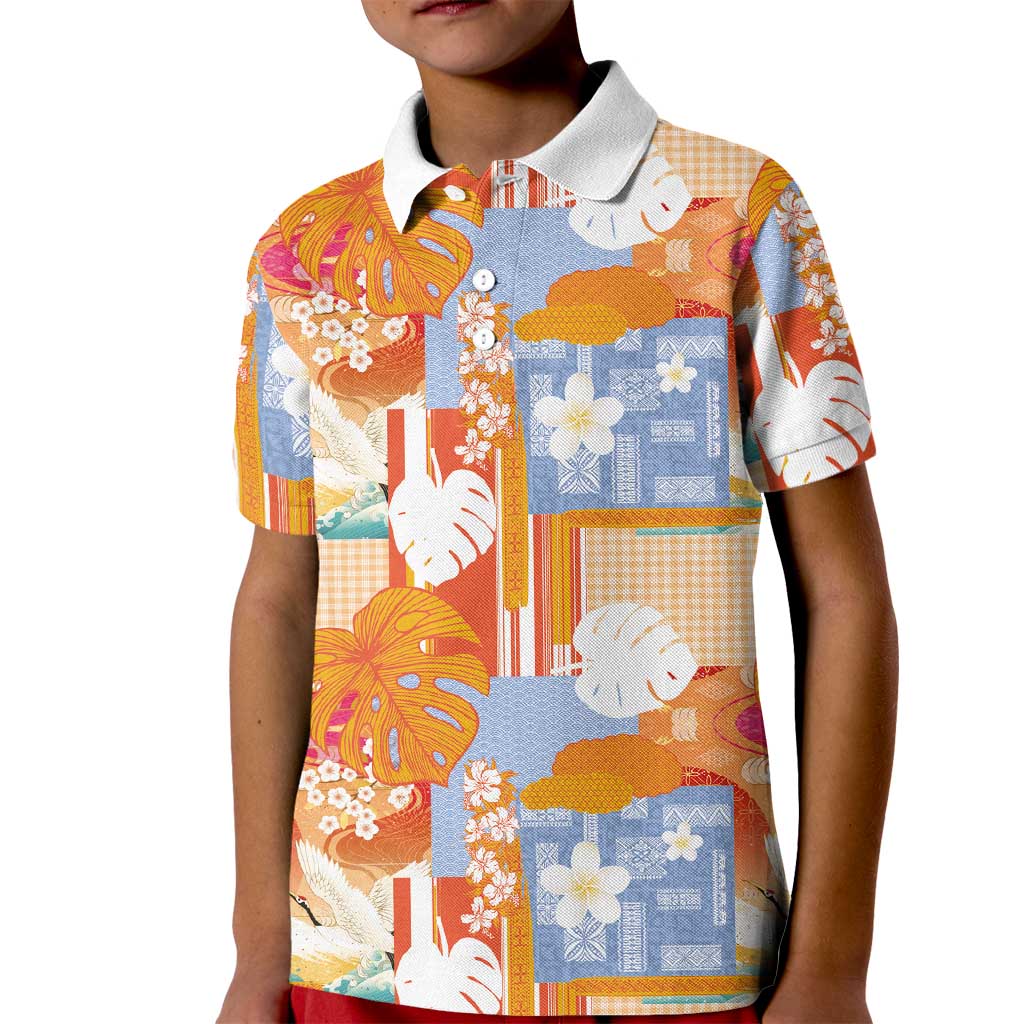 Hawaiian and Japanese Culture Together Kid Polo Shirt Palaka Japanese Art and Tropical Motif Tribal Patchwork LT03 Kid Multicolor - Polynesian Pride