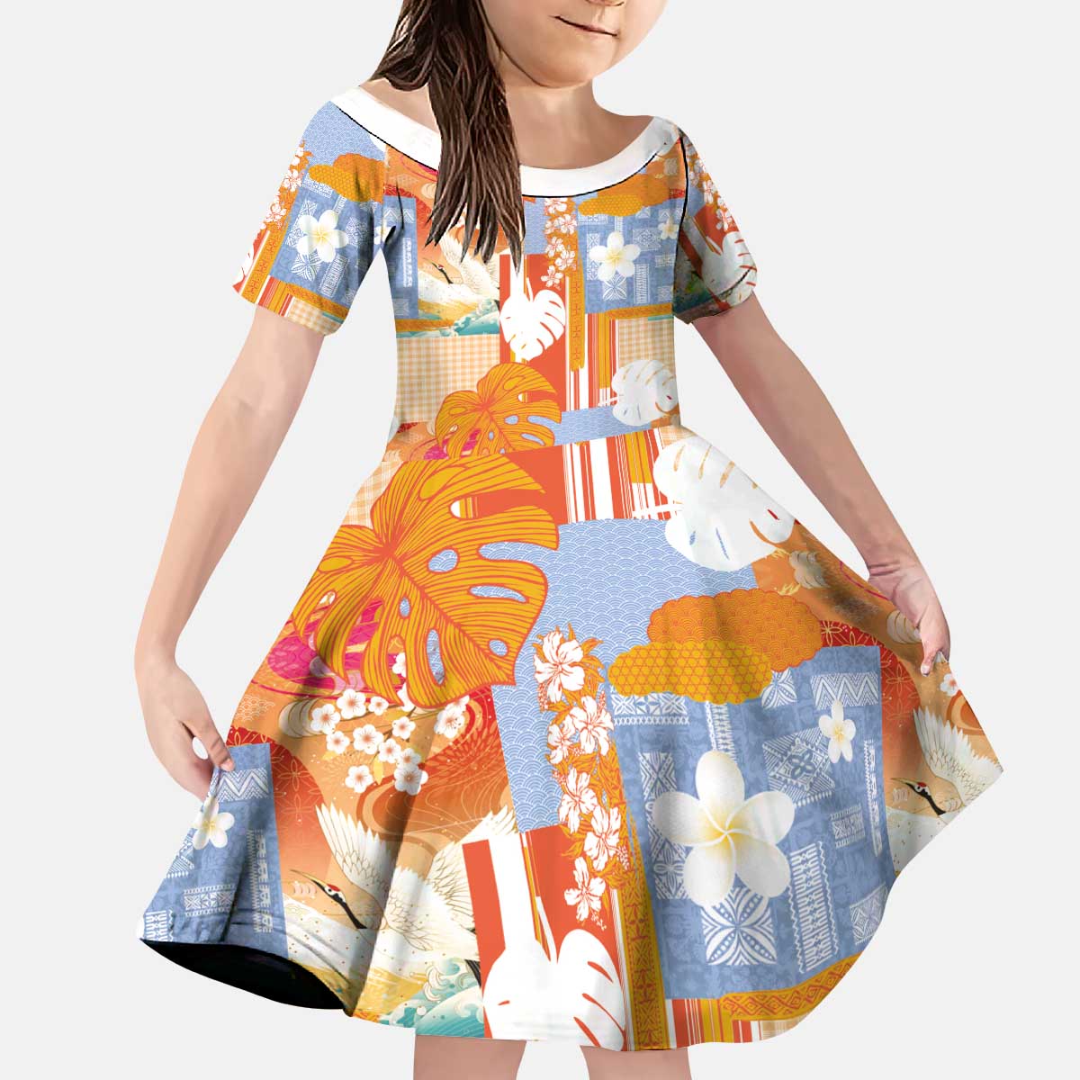 Hawaiian and Japanese Culture Together Kid Short Sleeve Dress Palaka Japanese Art and Tropical Motif Tribal Patchwork LT03 KID Multicolor - Polynesian Pride