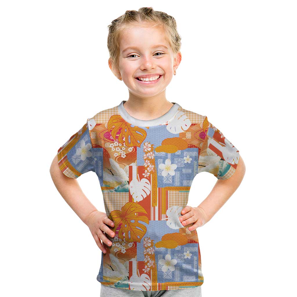 Hawaiian and Japanese Culture Together Kid T Shirt Palaka Japanese Art and Tropical Motif Tribal Patchwork LT03 Multicolor - Polynesian Pride