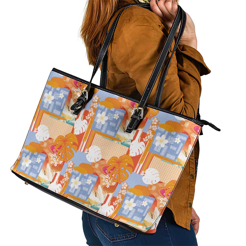 Hawaiian and Japanese Culture Together Leather Tote Bag Palaka Japanese Art and Tropical Motif Tribal Patchwork LT03 - Polynesian Pride