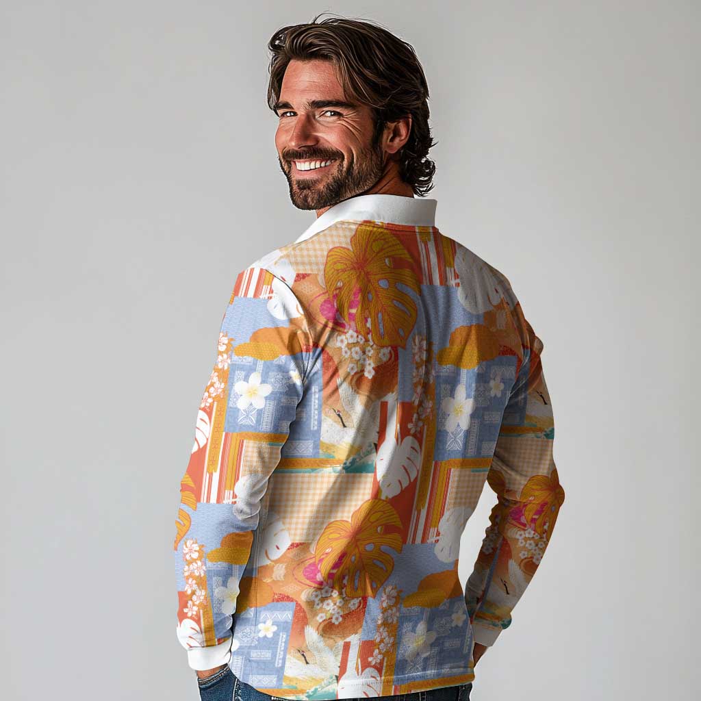 Hawaiian and Japanese Culture Together Long Sleeve Polo Shirt Palaka Japanese Art and Tropical Motif Tribal Patchwork LT03 - Polynesian Pride