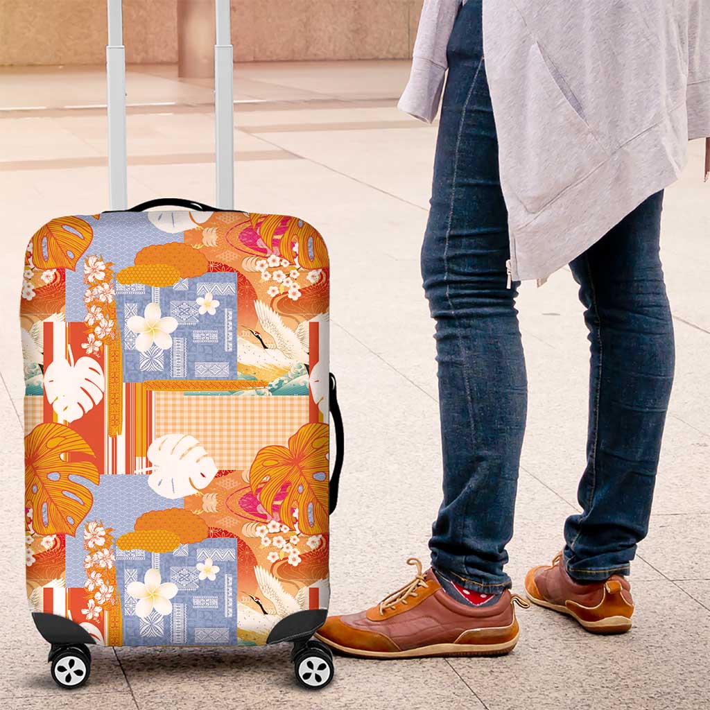 Hawaiian and Japanese Culture Together Luggage Cover Palaka Japanese Art and Tropical Motif Tribal Patchwork