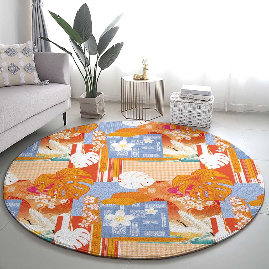 Hawaiian and Japanese Culture Together Round Carpet Palaka Japanese Art and Tropical Motif Tribal Patchwork LT03 - Polynesian Pride
