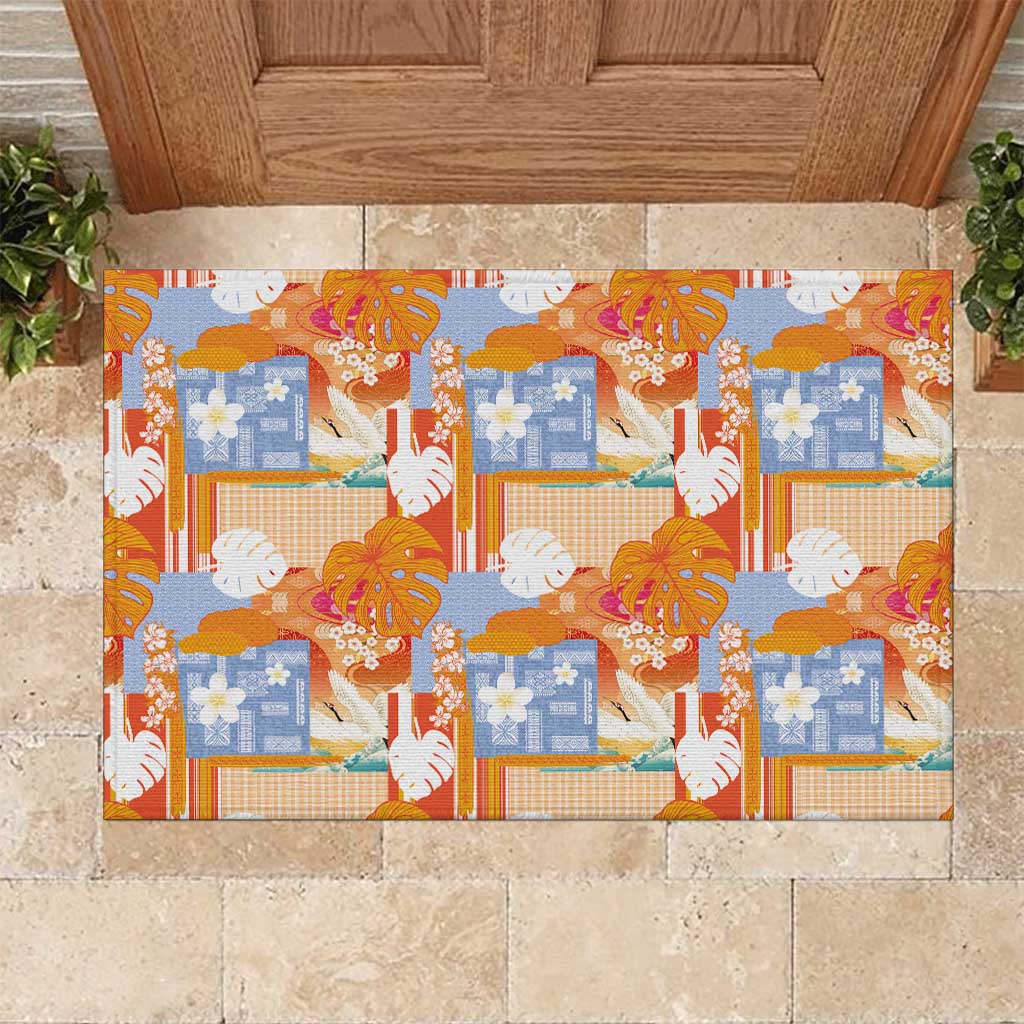 Hawaiian and Japanese Culture Together Rubber Doormat Palaka Japanese Art and Tropical Motif Tribal Patchwork
