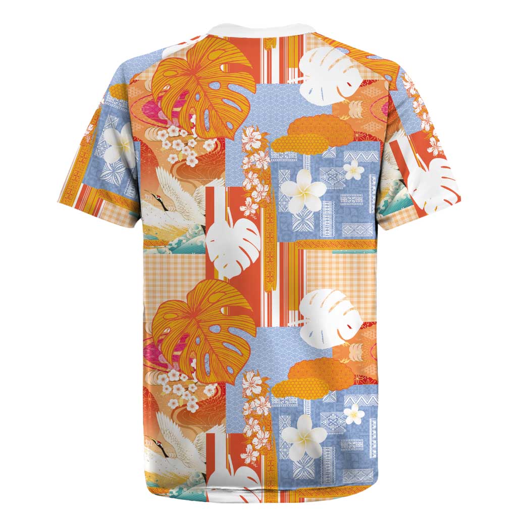 Hawaiian and Japanese Culture Together Rugby Jersey Palaka Japanese Art and Tropical Motif Tribal Patchwork LT03 - Polynesian Pride