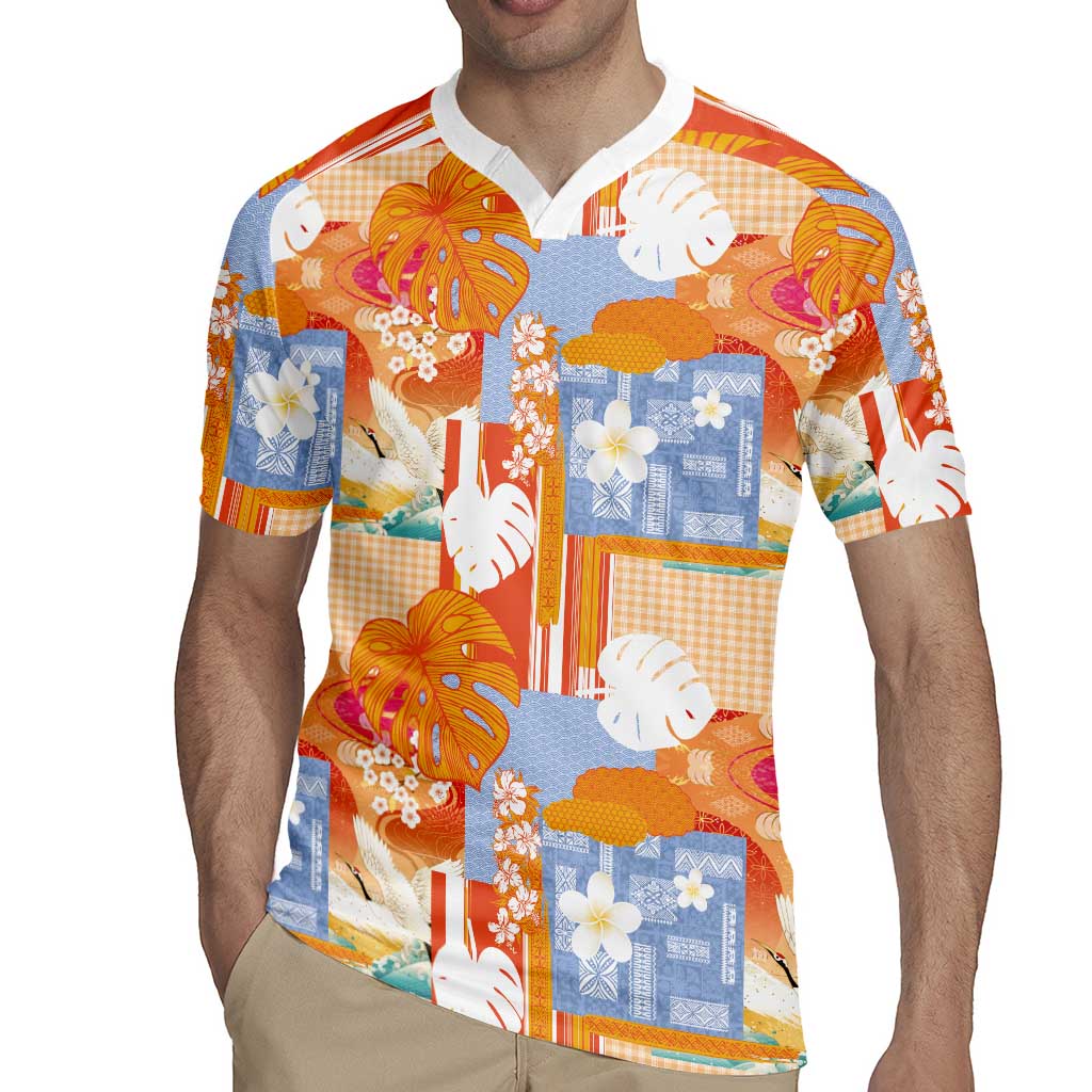 Hawaiian and Japanese Culture Together Rugby Jersey Palaka Japanese Art and Tropical Motif Tribal Patchwork LT03 - Polynesian Pride