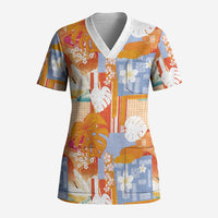 Hawaiian and Japanese Culture Together Scrub Top Palaka Japanese Art and Tropical Motif Tribal Patchwork LT03 Adult Multicolor - Polynesian Pride