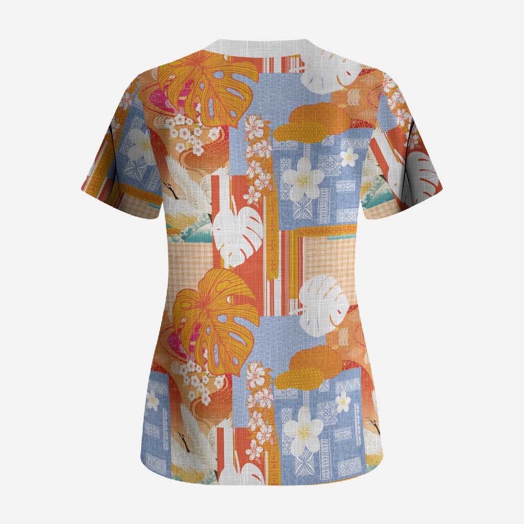 Hawaiian and Japanese Culture Together Scrub Top Palaka Japanese Art and Tropical Motif Tribal Patchwork LT03 - Polynesian Pride