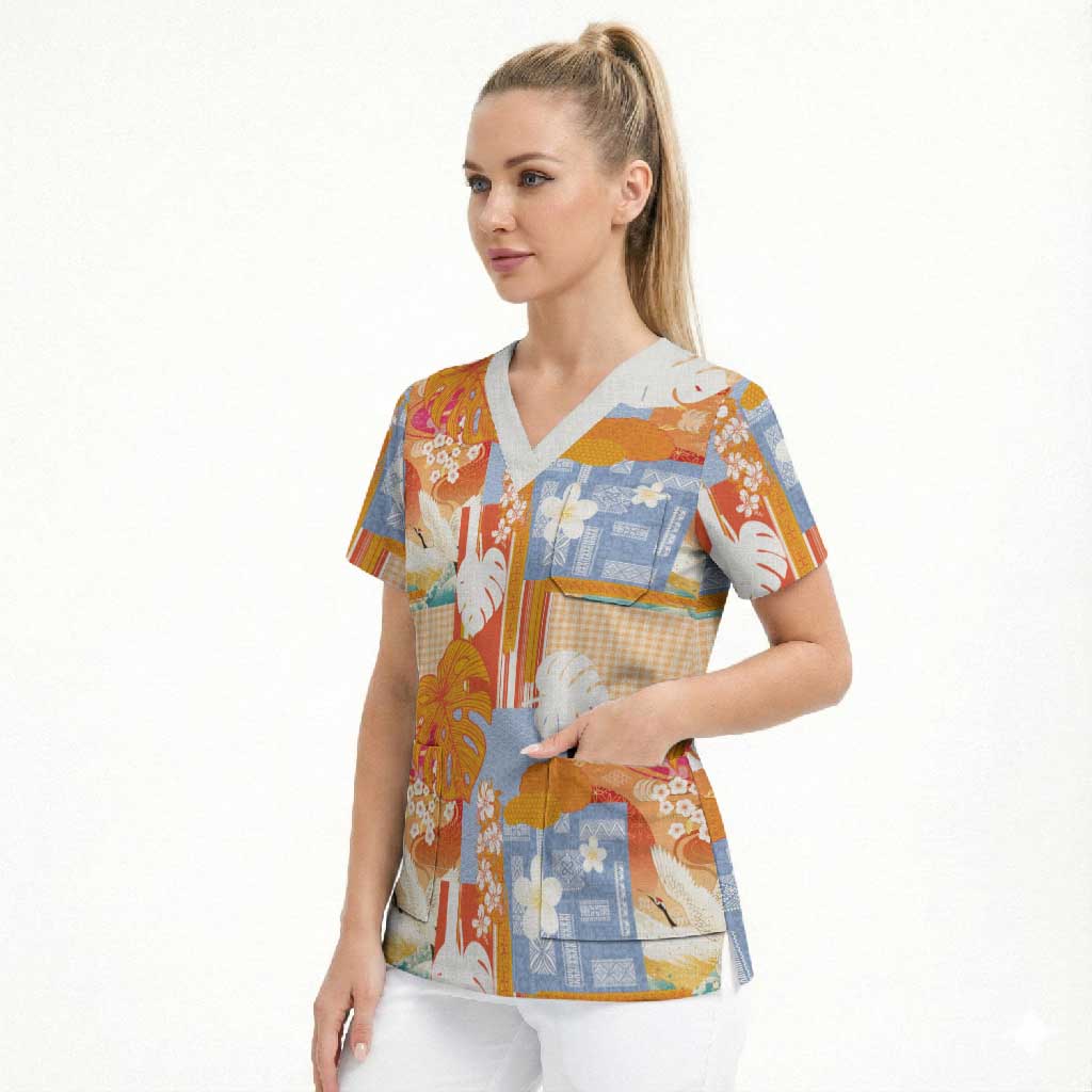 Hawaiian and Japanese Culture Together Scrub Top Palaka Japanese Art and Tropical Motif Tribal Patchwork LT03 - Polynesian Pride