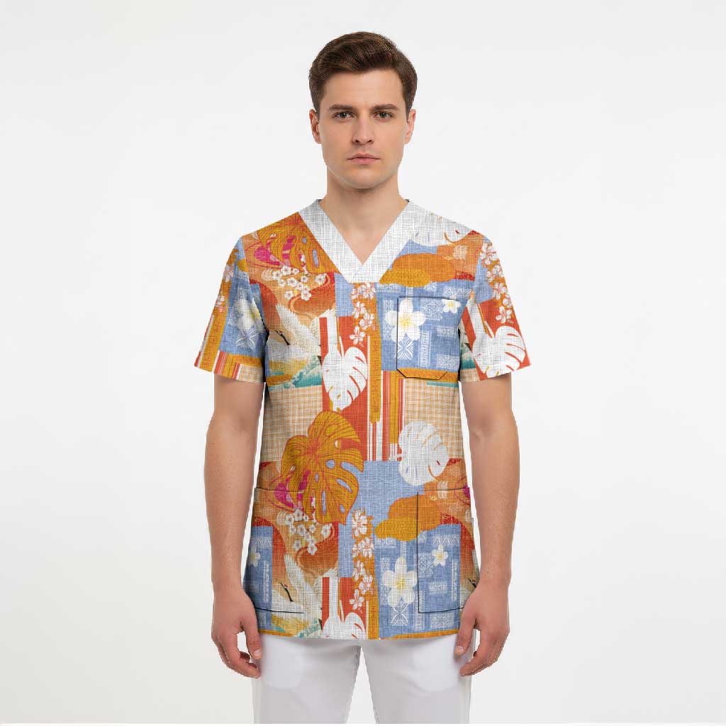 Hawaiian and Japanese Culture Together Scrub Top Palaka Japanese Art and Tropical Motif Tribal Patchwork LT03 - Polynesian Pride