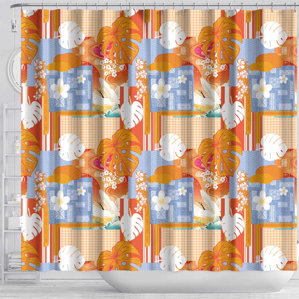 Hawaiian and Japanese Culture Together Shower Curtain Palaka Japanese Art and Tropical Motif Tribal Patchwork LT03 - Polynesian Pride