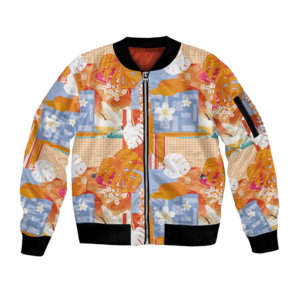 Hawaiian and Japanese Culture Together Sleeve Zip Bomber Jacket Palaka Japanese Art and Tropical Motif Tribal Patchwork