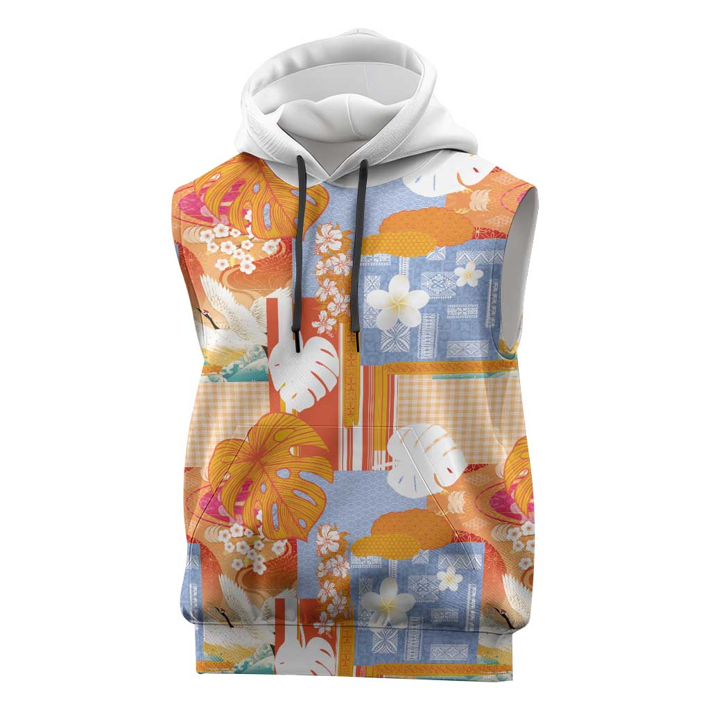 Hawaiian and Japanese Culture Together Sleeveless Hoodie Palaka Japanese Art and Tropical Motif Tribal Patchwork LT03 Multicolor - Polynesian Pride