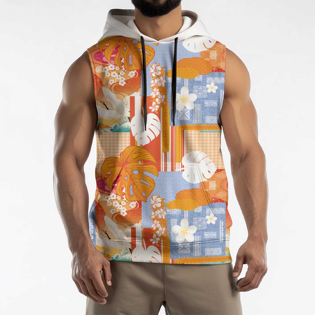Hawaiian and Japanese Culture Together Sleeveless Hoodie Palaka Japanese Art and Tropical Motif Tribal Patchwork LT03 - Polynesian Pride