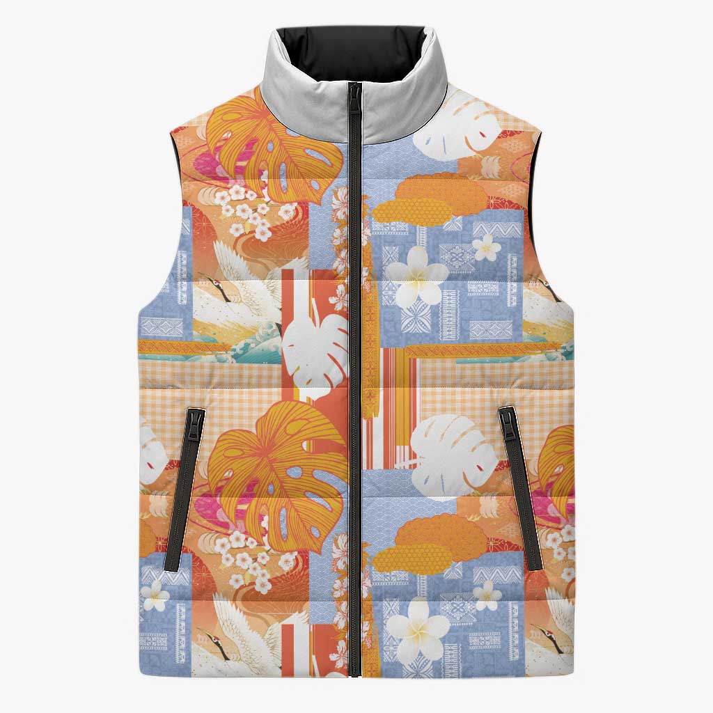 Hawaiian and Japanese Culture Together Sleeveless Puffer Jacket Palaka Japanese Art and Tropical Motif Tribal Patchwork LT03 Unisex Multicolor - Polynesian Pride