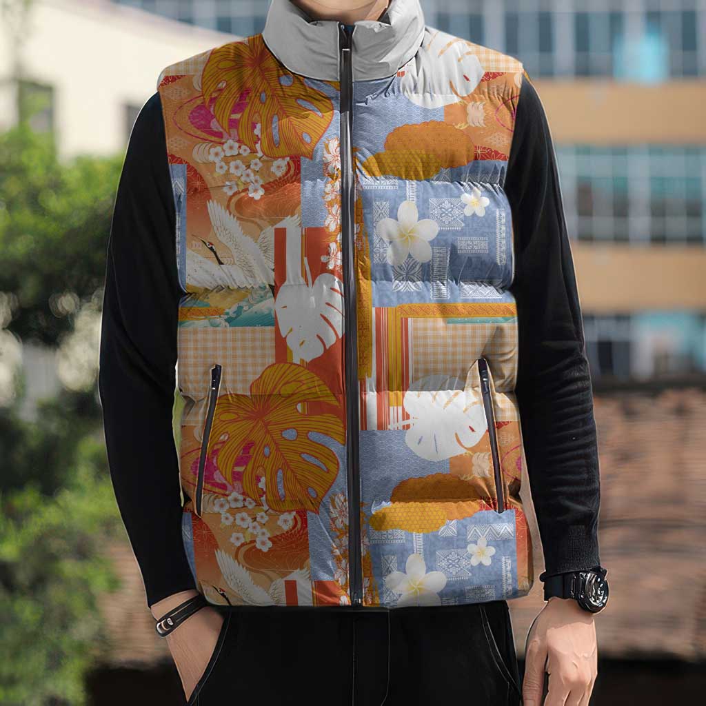 Hawaiian and Japanese Culture Together Sleeveless Puffer Jacket Palaka Japanese Art and Tropical Motif Tribal Patchwork LT03 - Polynesian Pride