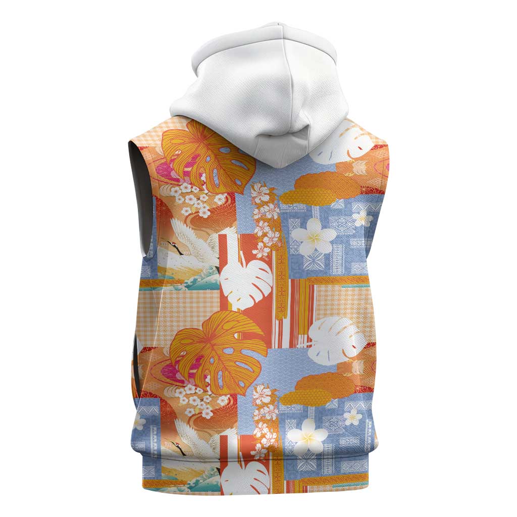 Hawaiian and Japanese Culture Together Sleeveless Zip Hoodie Palaka Japanese Art and Tropical Motif Tribal Patchwork LT03 - Polynesian Pride