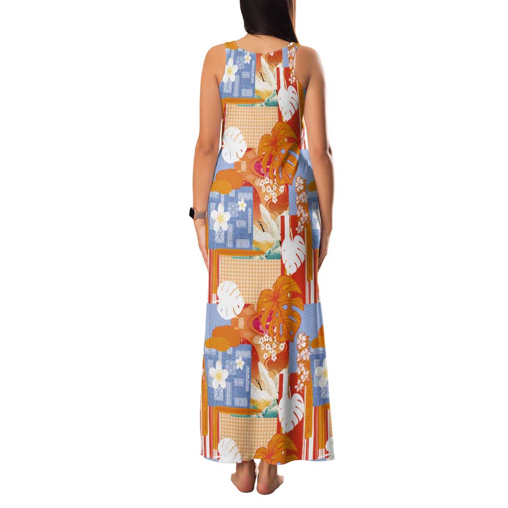 Hawaiian and Japanese Culture Together Tank Maxi Dress Palaka Japanese Art and Tropical Motif Tribal Patchwork LT03 - Polynesian Pride