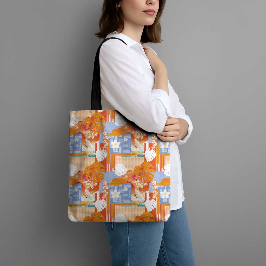 Hawaiian and Japanese Culture Together Tote Bag Palaka Japanese Art and Tropical Motif Tribal Patchwork LT03 - Polynesian Pride
