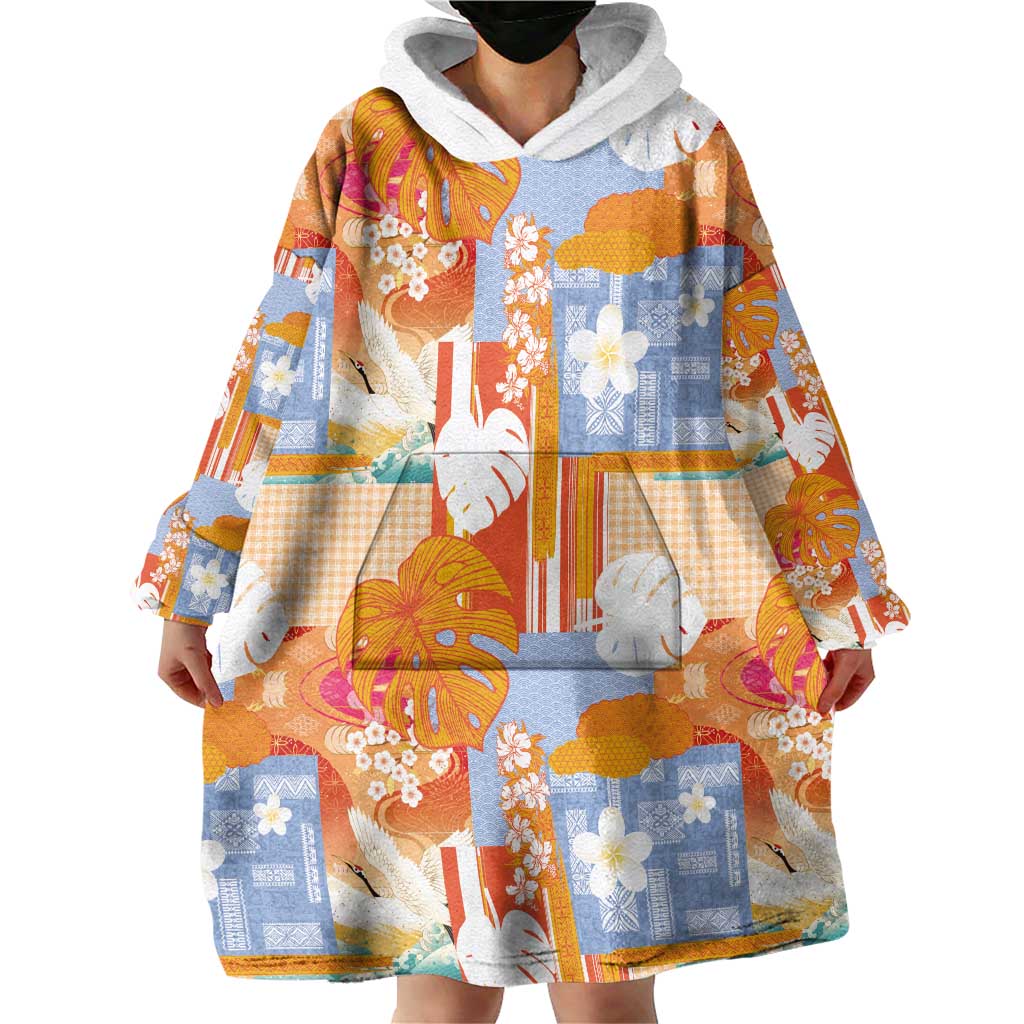 Hawaiian and Japanese Culture Together Wearable Blanket Hoodie Palaka Japanese Art and Tropical Motif Tribal Patchwork LT03 - Polynesian Pride